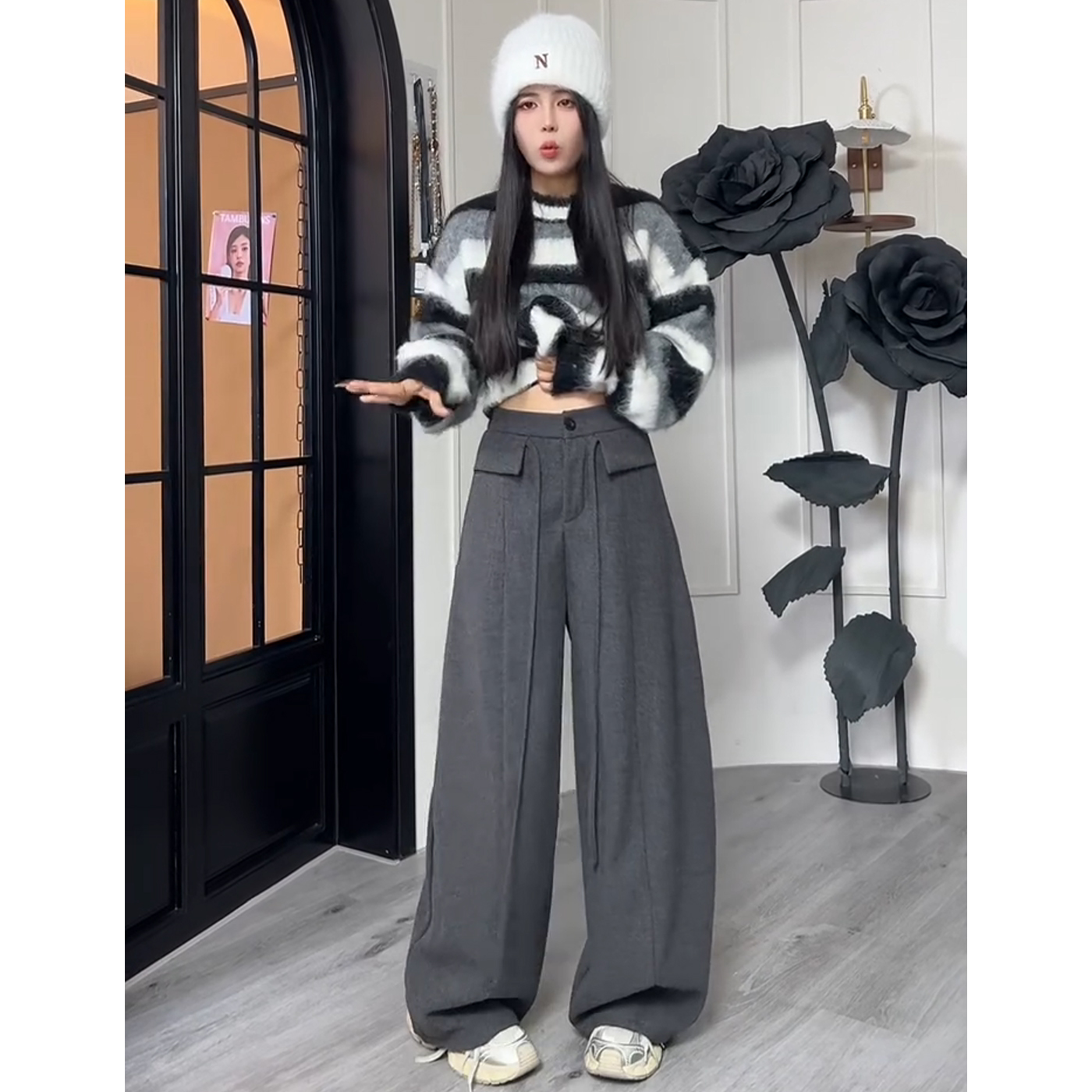 灰色高腰阔腿毛呢休闲裤女