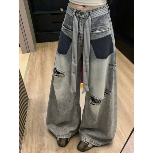 灰色复古做旧破洞阔腿牛仔裤女