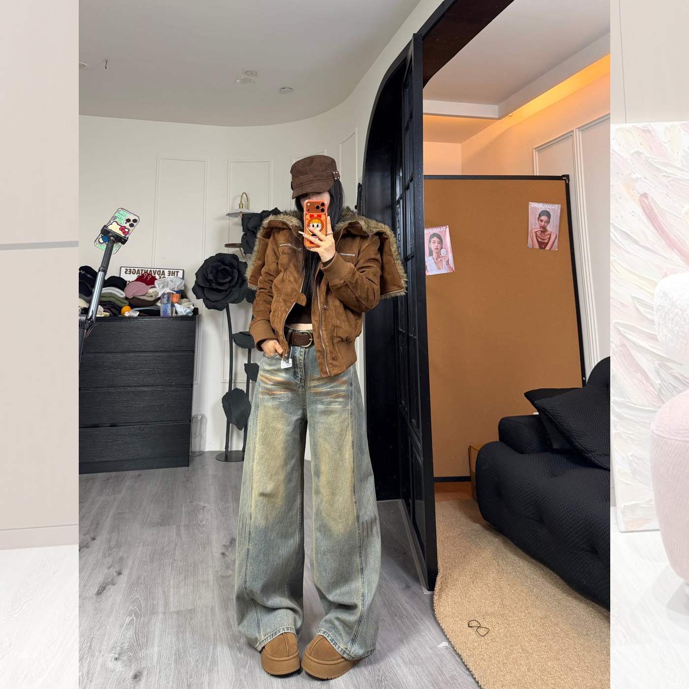 复古做旧高腰阔腿牛仔裤女