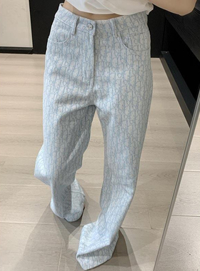 浅蓝色满印提花牛仔裤女春季2026新款高级感超好看高腰阔腿直筒裤