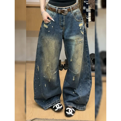 蓝色复古做旧破洞阔腿牛仔裤女
