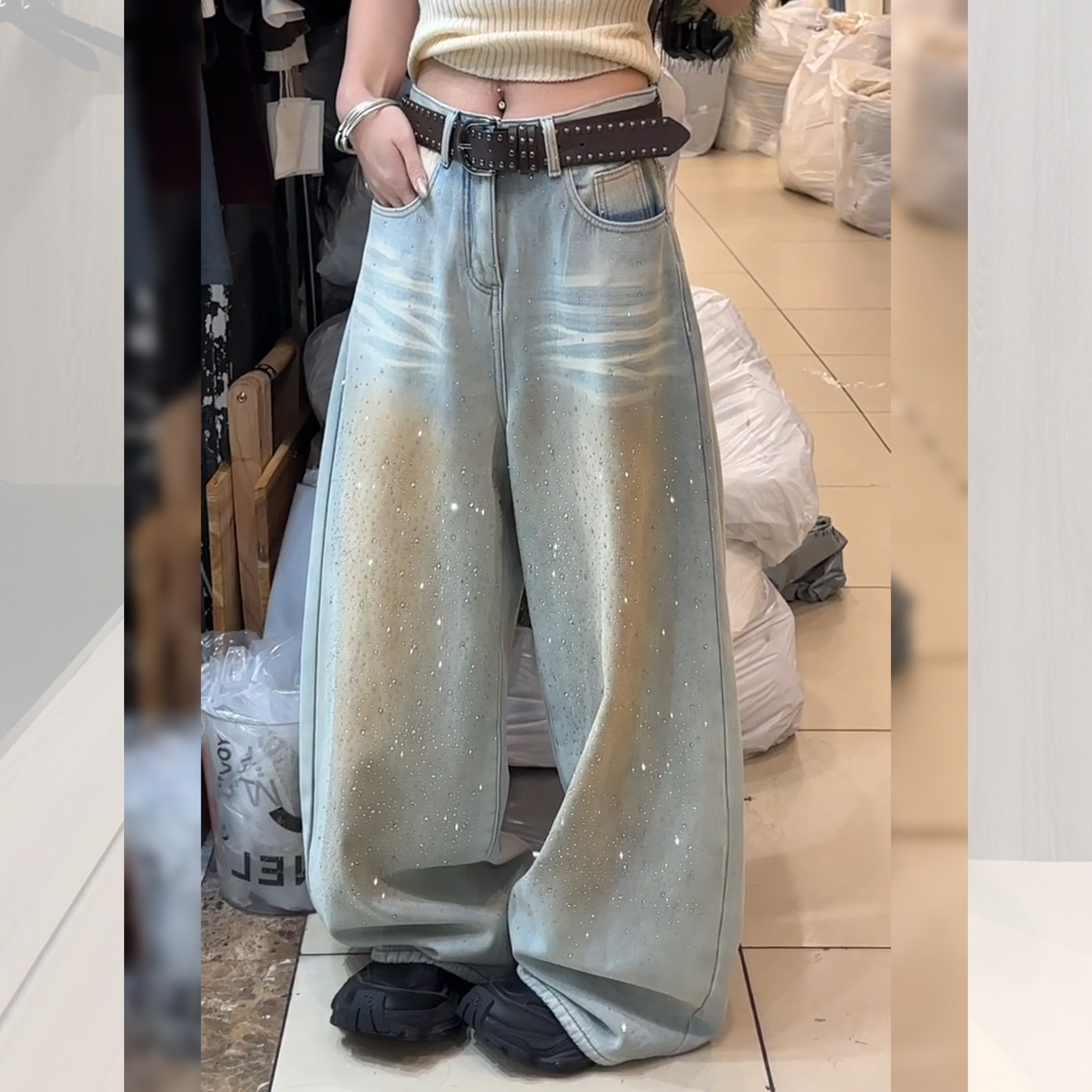 美式复古重工烫钻牛仔裤女2026新款梨形身材遮胯显瘦高腰阔腿裤子,女装/女士精品,牛仔裤,淘宝优惠券,粉丝福利购,淘宝优惠卷