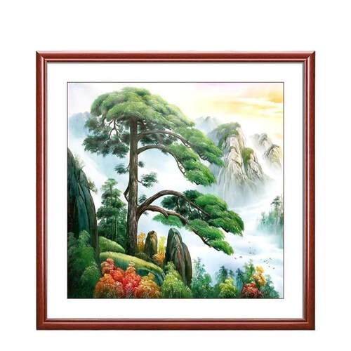 黄山迎客松壁画饭店办公室正方形走廊挂画玄关背景墙新中式装饰画