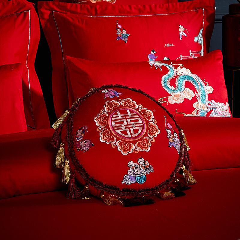 棉高端多婚庆四件套大红色WGH6全0全纯棉刺支绣贡缎结婚床上用品