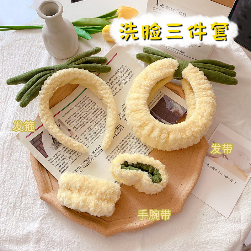 韩版秋冬黄色菠萝洗脸三件套发箍网红女款防湿水手腕带头箍束发带
