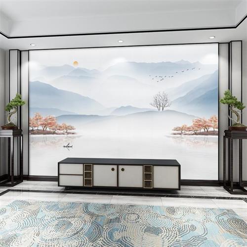 新中式电视背景墙壁纸客厅沙发简约壁画8d立体水墨意境山水画墙布