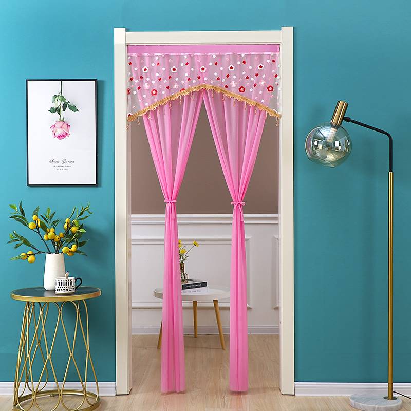 粘贴款单层纱卧室长门帘布艺蕾丝结婚红色免打孔防蚊透气分开窗i.