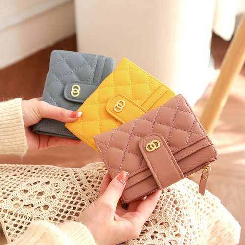 2026新款时尚钱包女短款简约菱格超薄小巧折叠学生卡包硬币零钱包