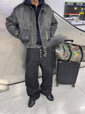 新时代OG五连扣原牛14oz宽松固色直筒宽松A字阔腿baggy牛仔裤子