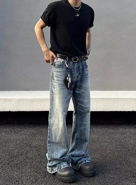 新时代OG美式做旧猫须深蓝色牛仔裤男款微喇直筒修身cleanfit裤子