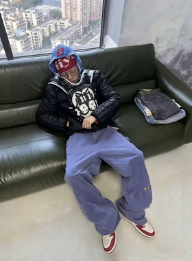 新时代OG蓝色复古水洗做旧Vintage法工裤宽松直筒阔腿牛仔裤