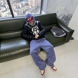 新时代OG蓝色复古水洗做旧Vintage法工裤宽松直筒阔腿牛仔裤