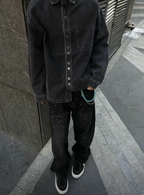 新时代OG美式水洗黑色烫钻骷髅头宽松直筒阔腿牛仔裤cleanfit裤子