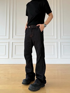 新时代OG复古老钱风明线红边黑色原牛微喇牛仔裤修身cleanfit裤子