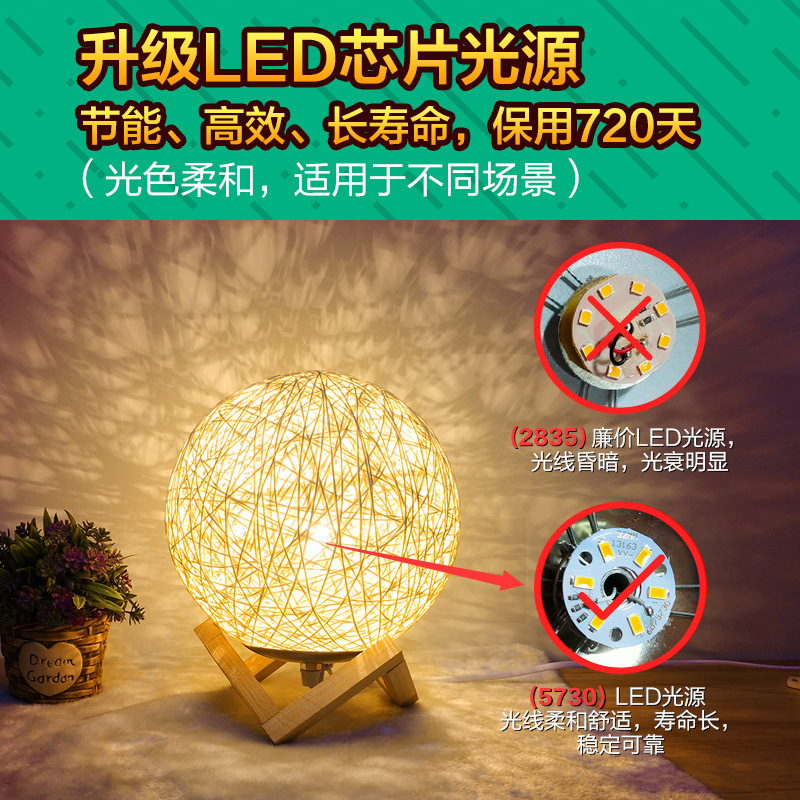 ins台灯卧室床头气氛围小夜灯小藤球儿童星空投影睡眠灯遥控调光