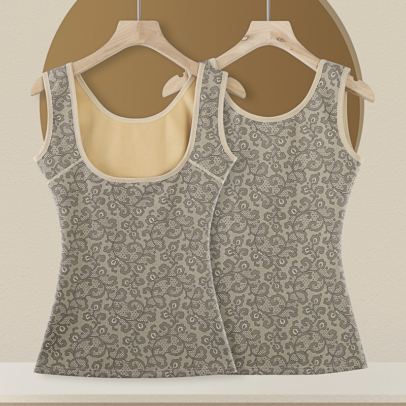 新款时尚秋冬豹纹女士加绒加厚托胸保暖背心束腰美体塑形保暖马甲