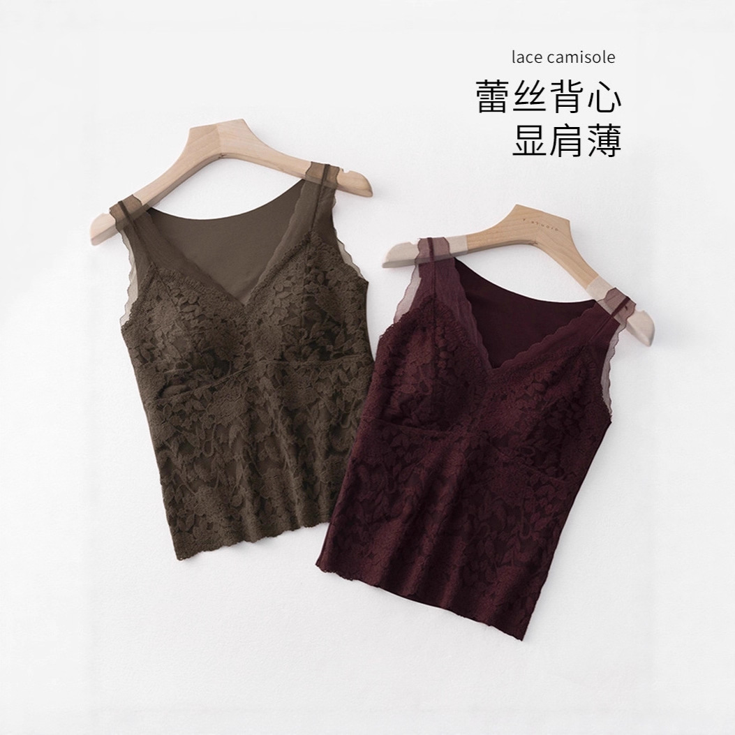 蕾丝磨毛保暖吊带背心女2025新款秋冬加绒带胸垫一体美背打底上衣