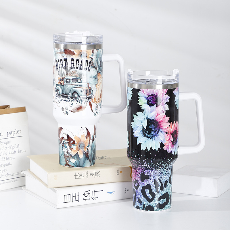 现货大容量冰霸杯40oz印花手柄杯1200ml加厚喷塑保温杯冰霸杯