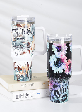 现货大容量冰霸杯40oz印花手柄杯1200ml加厚喷塑保温杯冰霸杯