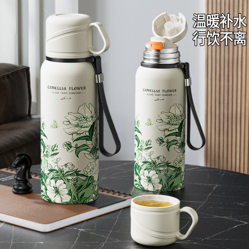 浩迪316不锈钢大容量山茶花保温杯女生高颜值户外家用保温壶