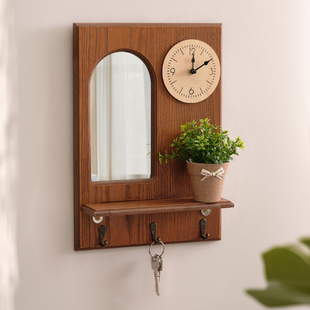 复古怀旧墙面装饰挂件镜子中古木质置物架壁挂玄关背景墙钥匙挂钩