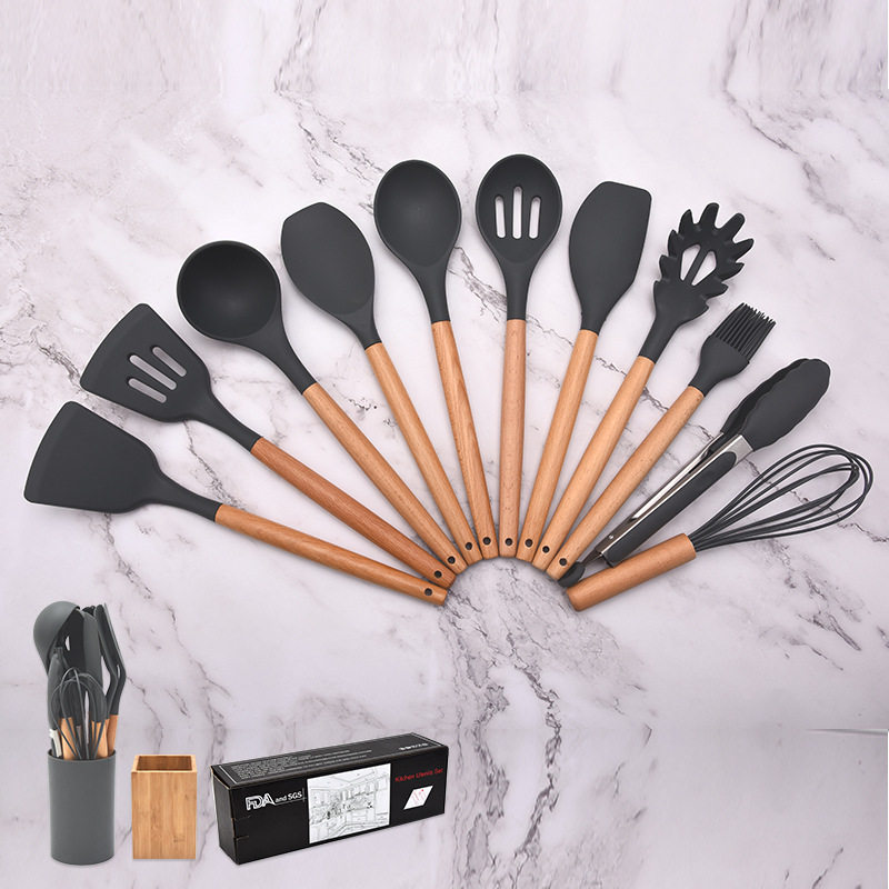 热卖硅胶厨具套装木柄厨房用品锅铲烹饪工具勺铲11件套
