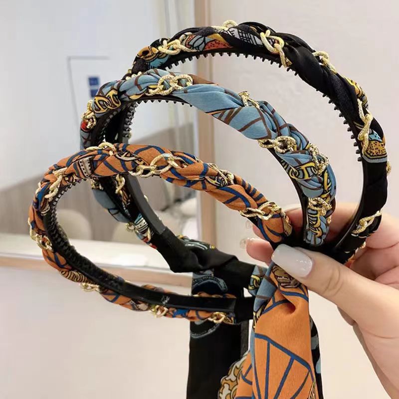 复古链条发箍宫廷缎面布艺头箍压发卡一体式飘带编发发带扎头绳