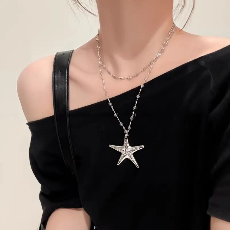 合金项链 甜酷银色海星长款项链女新款y2k千禧辣妹设计感锁骨链挂