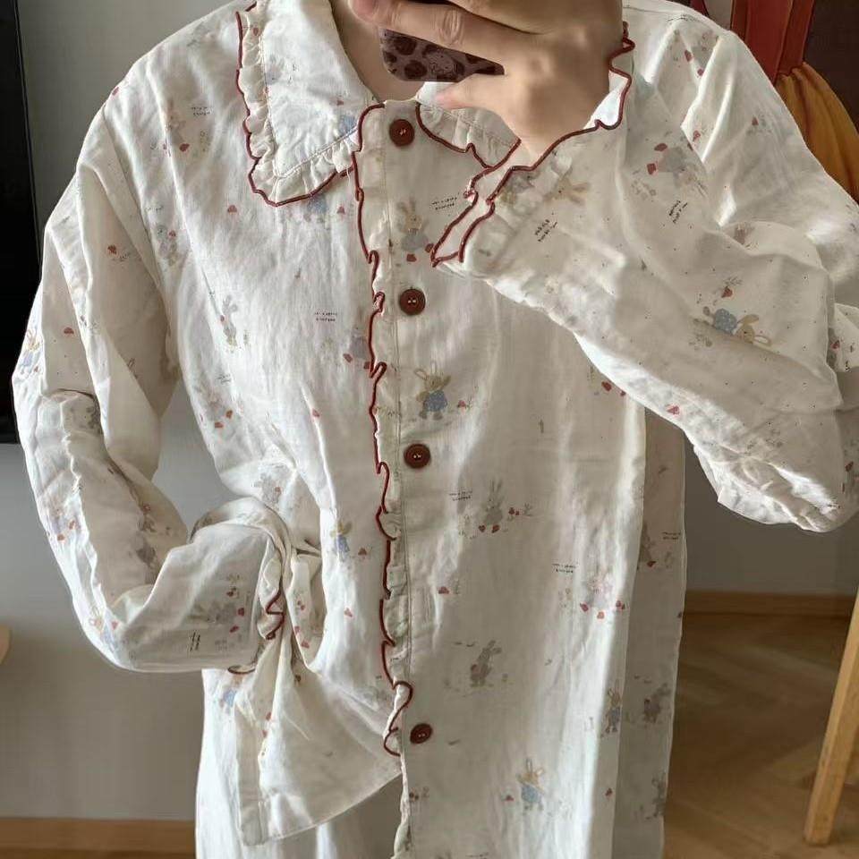新品！蘑菇小兔纯棉双层纱花边长袖睡衣女春秋季家居服套装外穿,女士内衣/男士内衣/家居服,睡袍/浴袍,淘宝优惠券,粉丝福利购,淘宝优惠卷