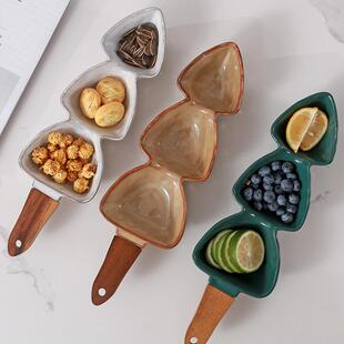 欧式创意手柄碗陶瓷ins风商用带竹木柄陶瓷干果盘小吃盘