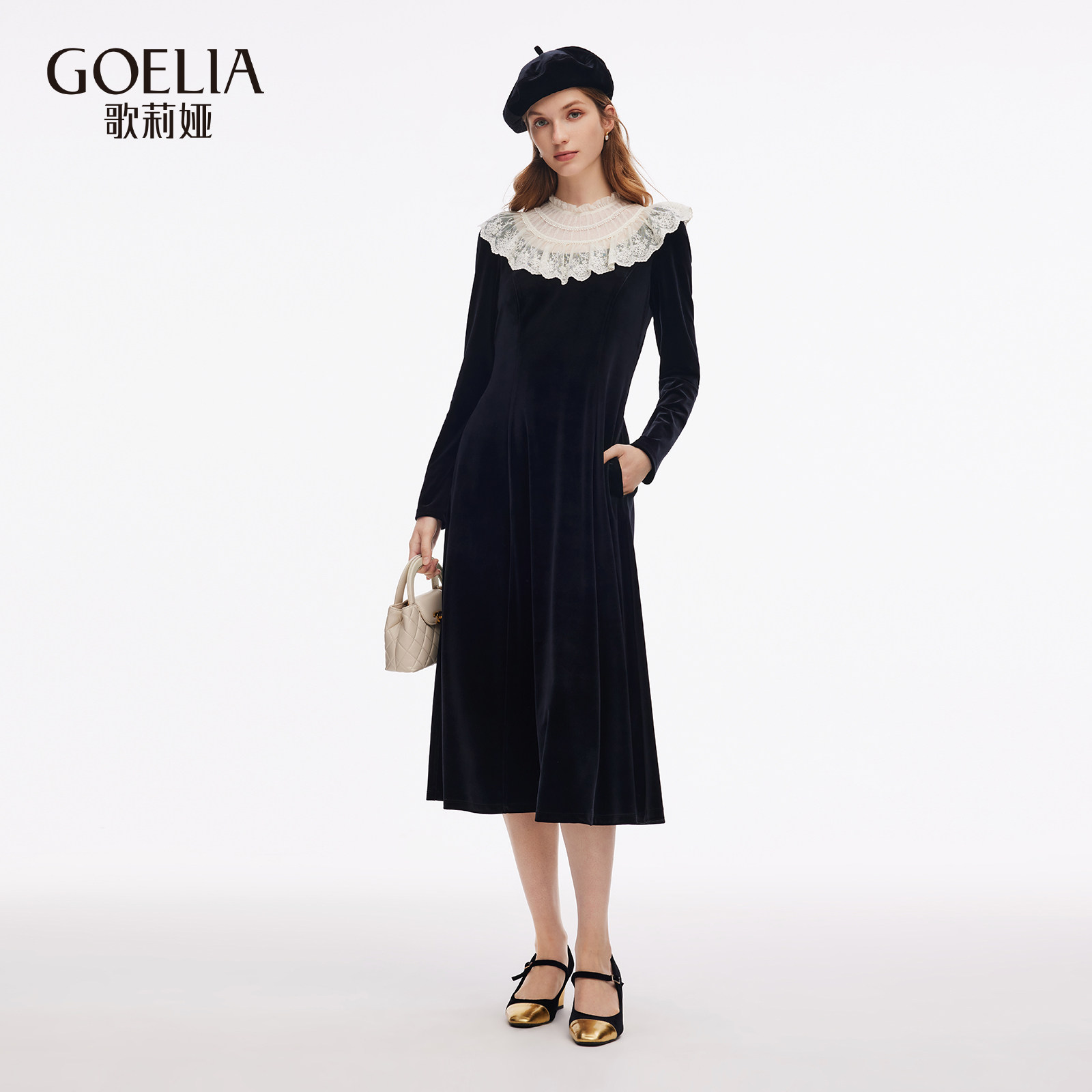 歌莉娅秋季新品网纱蕾丝领丝绒连衣裙（配贝蕾帽）1E9R4H380