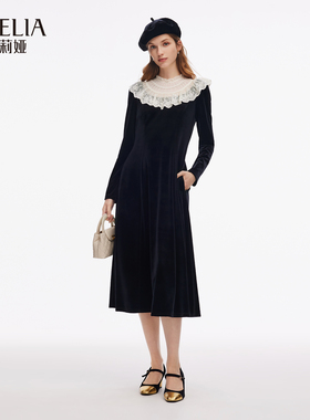 歌莉娅秋季新品网纱蕾丝领丝绒连衣裙（配贝蕾帽）1E9R4H380