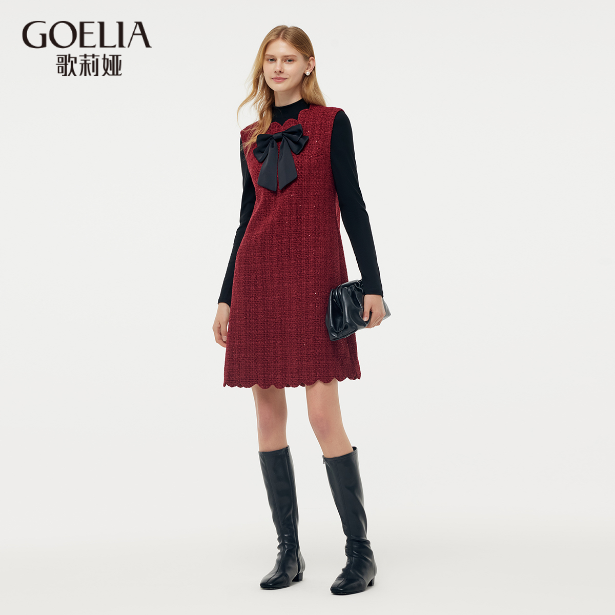 歌莉娅春季新品小香风连衣裙+针织衫+蝴蝶结1E1RAB330