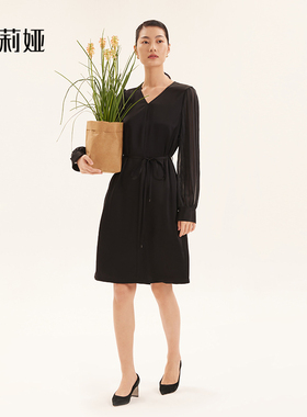 歌莉娅奥莱 秋季新品黑色收腰显瘦三醋酸拼接垂感连衣裙1A7L4K680