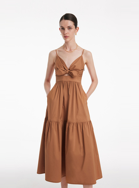 歌莉娅奥莱新品棉布吊带长裙美拉德收腰连衣裙1C4C4K040