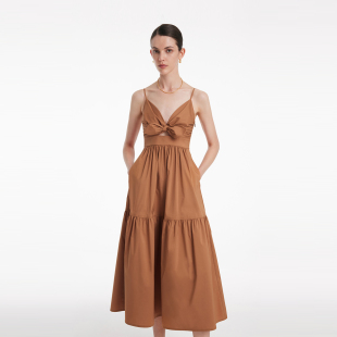 歌莉娅奥莱新品 棉布吊带长裙美拉德收腰连衣裙1C4C4K040