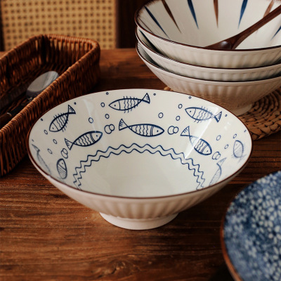 Japanese ceramic Lamian Noodles bowl household 8-inch large bowl trumpet bowl fruit hat bowl Lamian Noodles noodles noo