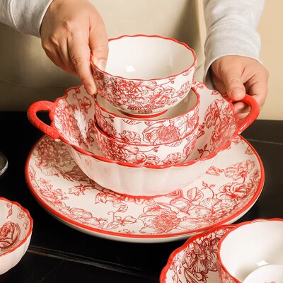 Ceramic bowls, household Chinese tableware, individual rice bowls, plates, porcelain, wedding red bowls, plates, bowls
