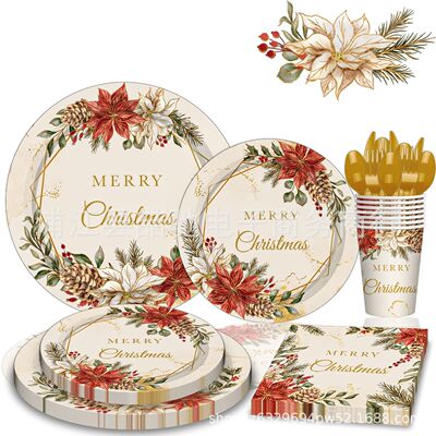 Christmas themed party decoration props, disposable paper plates, tablecloths, paper cups, tableware sets, party suppli
