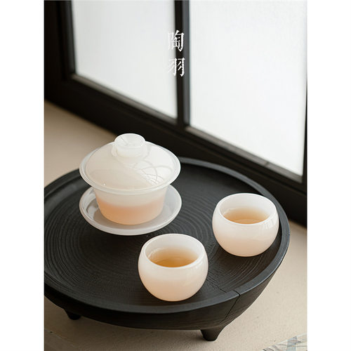 Glass Sancai covered bowl, tea cup, single anti scalding glass tea set, tea making bowl, white jade porcelain covered b