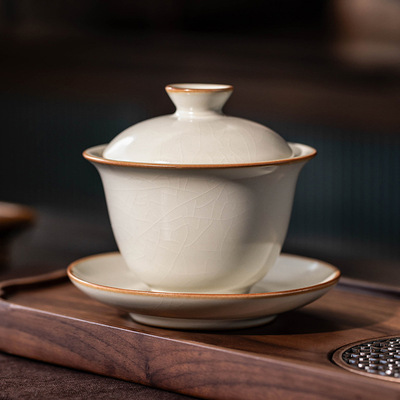 Ru kiln hovering lid bowl, three piece lid bowl, single high-end kung fu tea set, ice cracked, suitable for home use, t