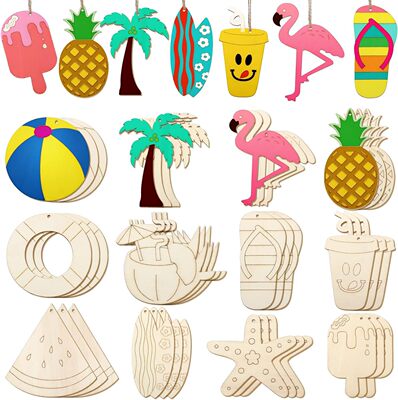 36 pieces of wooden pendants, beach wood chips, holiday decorations, tropical painting themes, Hawaiian parties, woodwo