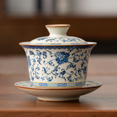 Mihuang Ru kiln entwined lotus, three talents covered bowl, household large tea bowl, Kung Fu tea set, tea bowl cup, si