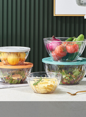 PET transparent belt covered salad bowl desktop vegetable mixing bowl portable travel instant noodles watermelon sortin