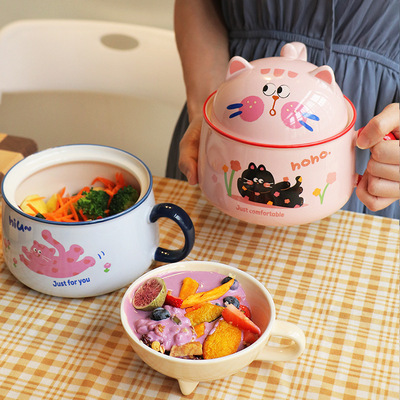 Instant Noodles Bowl Dormitory Student Cover Ceramic Cute Large Capacity Microwave Easy to Clean Handle with Tableware