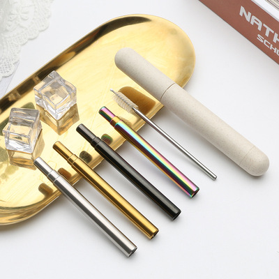 Amazon wheat tube telescopic straw set 304 stainless steel portable folding tableware environmentally friendly wheat tu