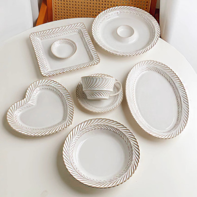 Japanese style kiln transformed mimosa relief ceramic rice bowl plate, photo placement plate, Western tableware, soup p