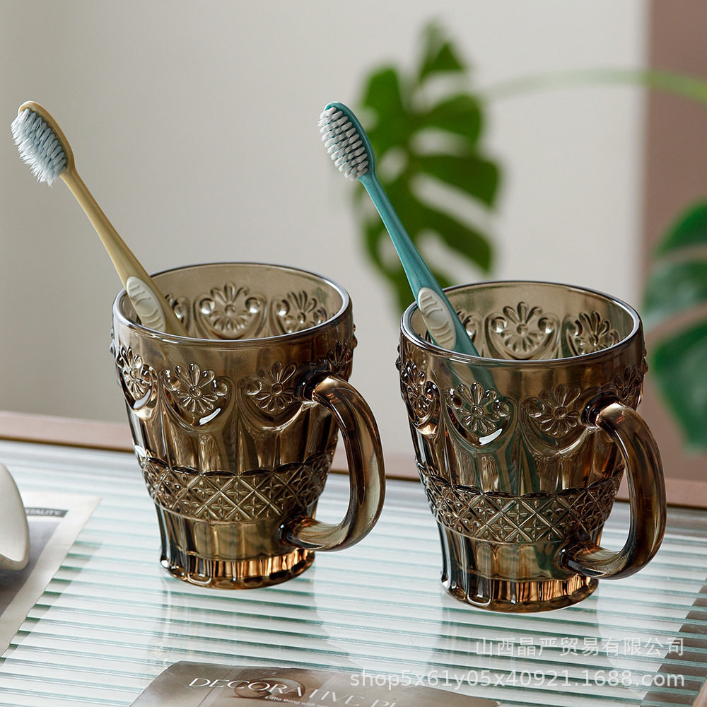 Vintage sunflower relief glass cup with amber ribbon handle water cup, home breakfast coffee cup, milk tea cup图片