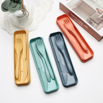 Wheat straw portable tableware set, knife fork spoon three piece set, student outdoor travel gift, environmentally frie