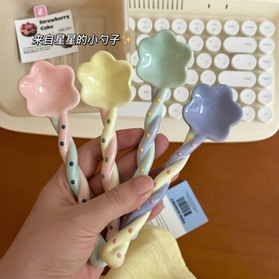 Long handled hand-painted underglaze ceramic mixing spoon with flower relief beads, candy colored coffee spoon, dessert